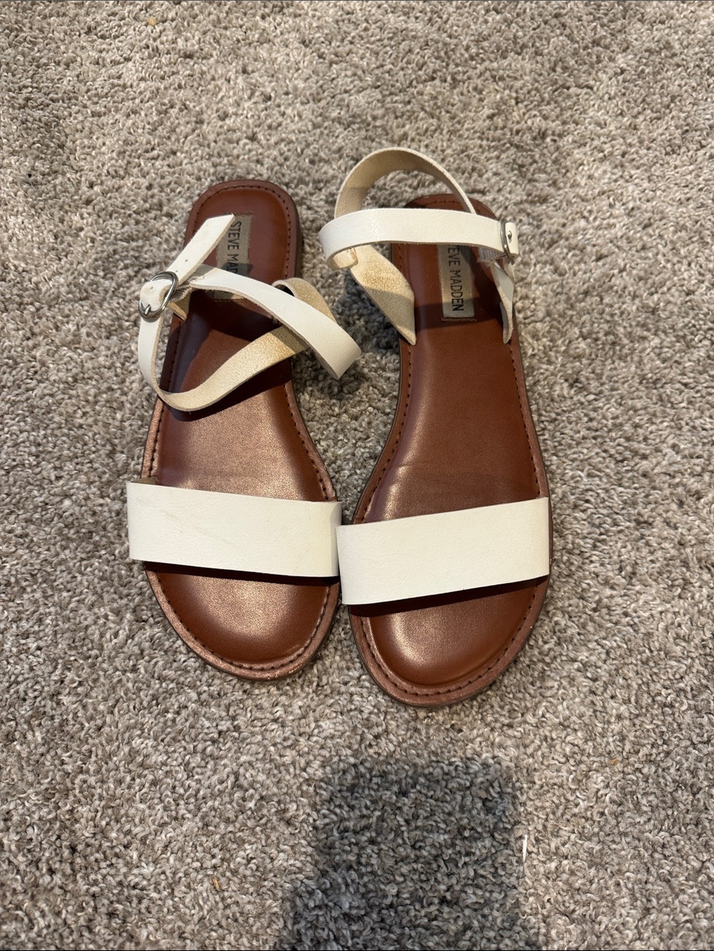 Steve Madden White and Brown Leather Ankle-Strap Sandals